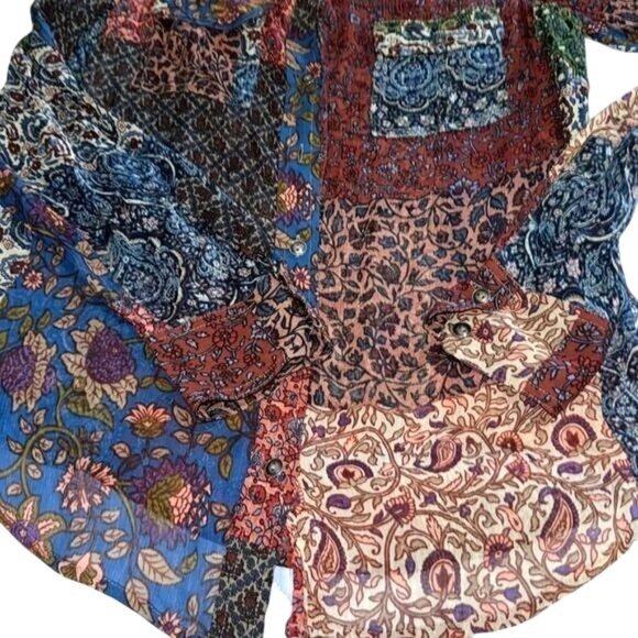 Lucky Brand Womens Sheer Patchwork Button-Up Shirt S Rayon Boho Design - Picture 7 of 10